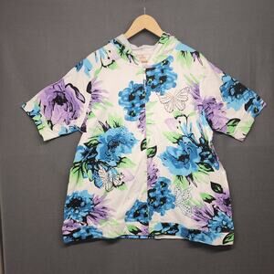 Quacker Factory Womens Jacket 1X Blue Floral Hooded Short Sleeve Pockets NEW